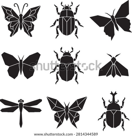 Vector icon set featuring minimalist solid black silhouettes of nine individual geometric origami insects and bugs, showcasing a collection of traditional Japanese paper folding art designs including stylized low-poly butterflies, structural beetles, an origami moth, a geometric dragonfly, and a rhinoceros stag beetle with sharp polygonal lines, isolated on a white background.