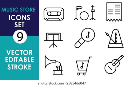 A vector icon set featuring nine black line icons related to music, including a cassette, drum set, sheet music, music stand, magnifying glass with a note, metronome, gramophone, shopping cart with a 