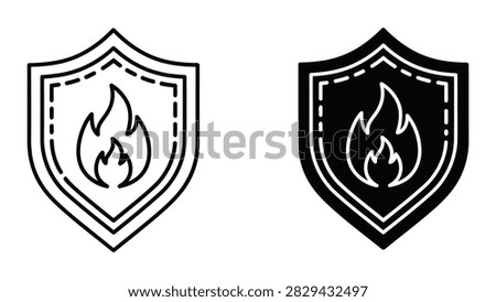 A vector icon set featuring a shield with a flame symbol representing fire protection safety and security. These icons are perfect for fire safety signage security software or insurance branding.