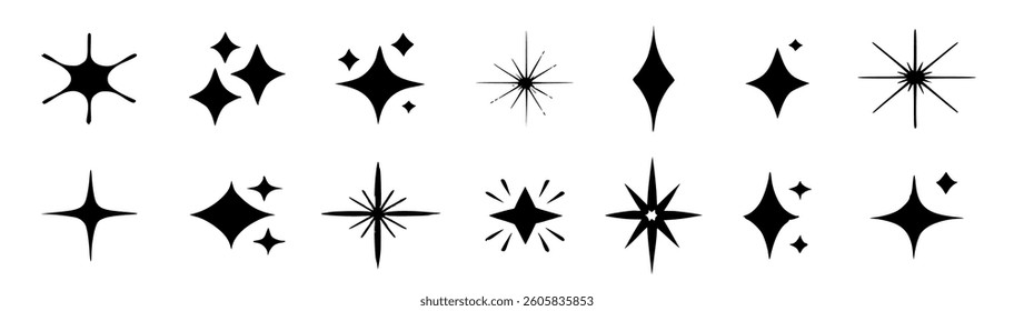 vector icon set featuring sparkling elements such as shining stars, twinkling lights, and glistering effects. Includes simple, flat designs suitable for decorations, illustrations, and graphic project