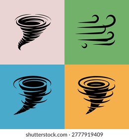 Vector icon set featuring tornado vortex and wind flow symbols, representing storm, hurricane, strong wind, natural disaster, weather conditions and atmospheric movement concepts.