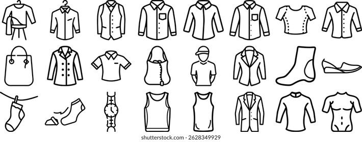 A vector icon set featuring various types of clothing and accessories perfect for apparel design and fashion illustration.