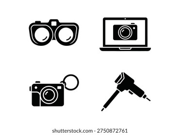 Vector icon set featuring various cameras and viewing devices, including binoculars, a laptop with camera, a camera keychain, and a thermal imager gun. Useful for design.