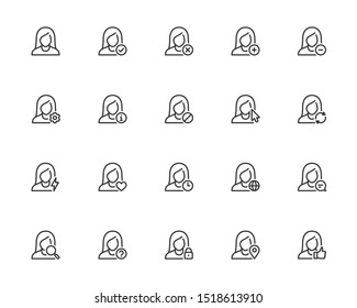 Vector Icon Set of Female User Avatars for Account. Outline or Thin Line Style