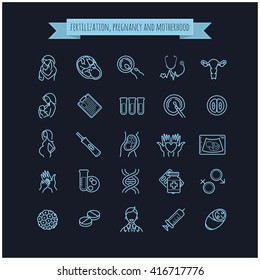 Vector icon set of fertilization, pregnancy and motherhood. Gynecology, childbirth healthcare thin line symbols on a black background for web design, layout, etc.