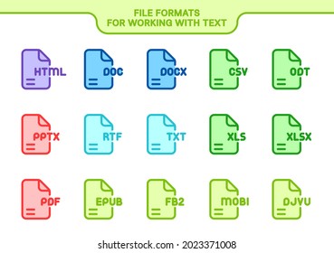 Vector icon set. File formats for working with text and read. Line color collection: html, doc, docx, csv, odt, pptx, rtf, txt, xls, xlsx, pdf, epub, fb2, mobi, djvu