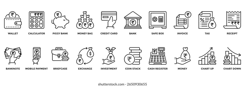 Ícone de vetor definido com símbolos de finanças e rúpias. Inclui ícones de carteira, banco, calculadora e cartão de crédito. Perfeito para fintech, aplicativos, contabilidade e projetos de negócios.