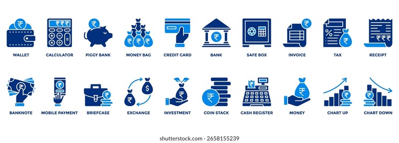 Conjunto de iconos de Vector con símbolos de finanzas y rupias. Incluye iconos de billetera, banco, calculadora y tarjeta de crédito. Perfecto para fintech, App, contabilidad y proyectos empresariales.	