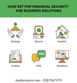 Vector icon set for financial security and business solutions. Includes secure shield, savings, auction gavel, analytics, FAQ, and invoice.