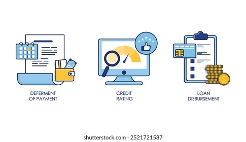 Ícone de vetor definido para serviços financeiros: diferimento de pagamento, avaliação de crédito, desembolso de empréstimo.