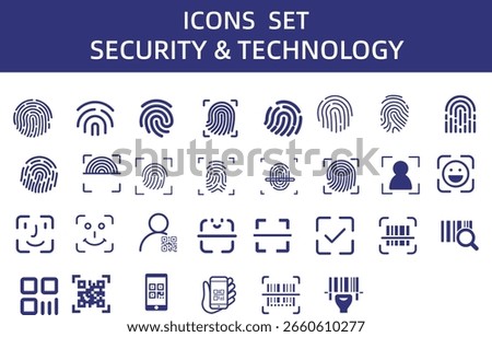 Vector Icon Set of Fingerprint Unlock and QR Code Scanning for UI and Security Interfaces