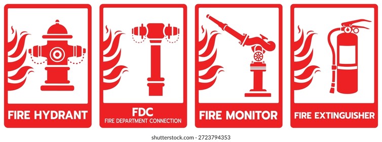 Conjunto de íconos de Vector de equipos de extinción de incendios, incluida la boca de incendios, la conexión FDC, el monitor de incendios y el extintor. Ideal para señales de seguridad, gráficos de emergencia y diseño de protección contra incendios