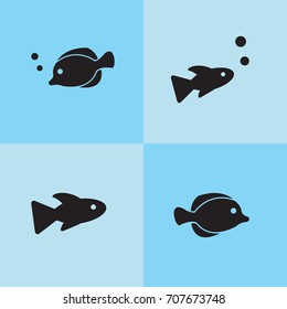 Vector icon set fish, black on blue tiles