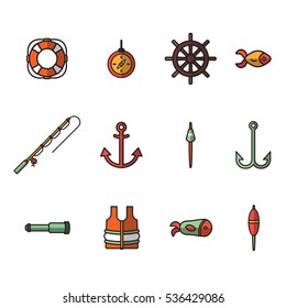 Vector icon set for fishing equipments on white background