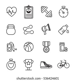 Vector icon set of fitness equipment on white background