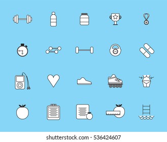 Vector icon set of fitness equipment on white background