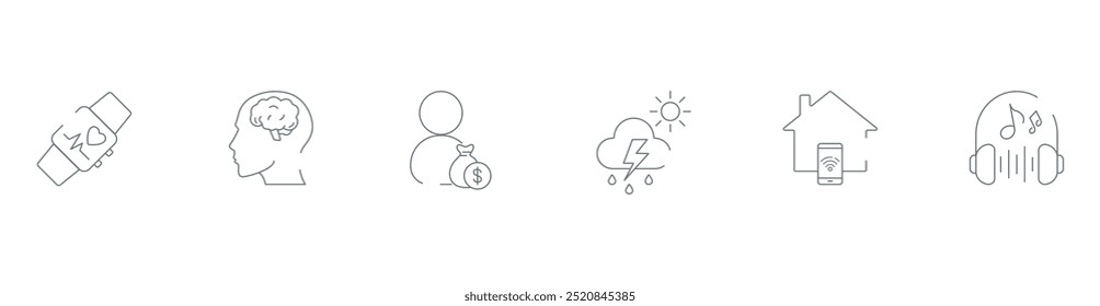 Conjunto de íconos de Vector para seguimiento de fitness, salud mental, administración de dinero, Clima, hogar inteligente y transmisión de música