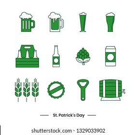 Vector icon set of flat icons in green, white and black colors, for Irish holiday St. Patrick's Day, isolated on white background. Icons for pub or bar menu
