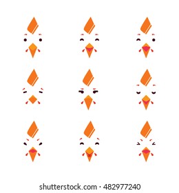 Vector icon set. Flat rooster, chicken face, smiles, signs. Funny face, muzzle with different expressions. Grumpy, cute, sweet emotions, smiles. Flat cartoon style. Element for design
