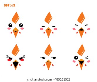 Vector icon set. Flat rooster, chicken face, smiles, signs. Kawaii anime bird face, muzzle with different expressions. Funny, cute, sweet emotions, smiles. Flat cartoon style. Element for design