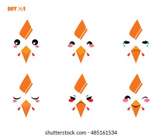 Vector icon set. Flat rooster, chicken face, smiles, signs. Kawaii anime bird face, muzzle with different expressions. Funny, cute, sweet emotions, smiles. Flat cartoon style. Element for design