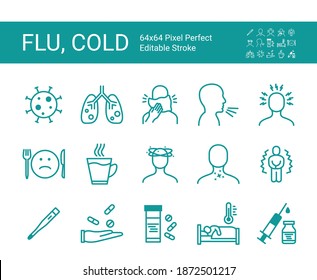 Vector icon set with flu and cold. Pneumonia. 64x64 Pixel Perfect. Editable Stroke.