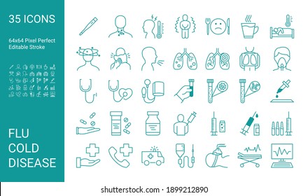 Vector icon set with flu and cold. Pneumonia. Disease. 64x64 Pixel Perfect. Editable Stroke.