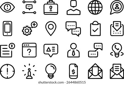 Conjunto de ícones vetoriais com foco em informações e orientação representadas no estilo de estrutura de tópicos ideal para tutoriais manuais ferramentas de instrução e plataformas de suporte baseadas na Web