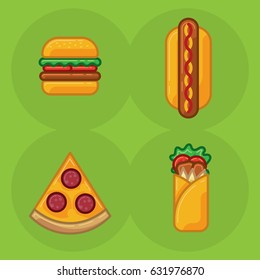 Vector icon set of food fast food pizza, sandwich roll, hamburger, hot dog. Illustration of set of fast food meals