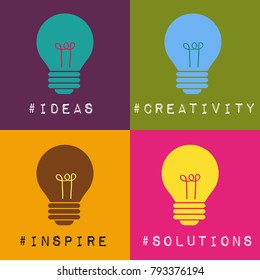 Vector icon set with four light bulbs and the text ideas creativity inspire and solutions in pink yellow purple teal blue and brown