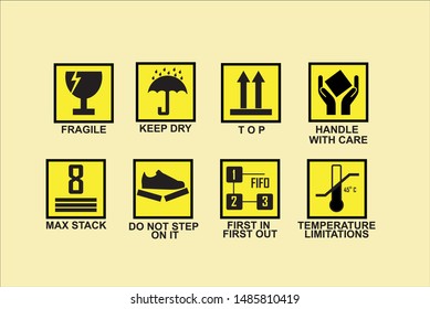 vector icon set, fragile, keep dry, top, handle with care, maximum stack, do not step on it, first in first out, temperature limitation, box, icon, cardboard, vector, symbol, sticker, care, background