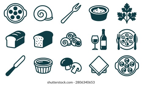 Vector icon set of French escargot snails dining elements including snail shells, special tongs, forks, bread loaves, wine bottle, mushrooms, parsley, and ceramic escargot baking dishes.