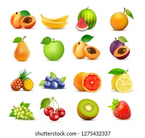 Vector icon set of Fruits isolated on white background. Design elements - Realistic fresh food collection in colorful style.
