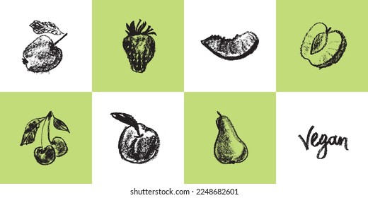 Juego de iconos vectores de Frutos. Plantillas de diseño de logotipos. Símbolos de comida vegana. Carteles de fruta. Ilustraciones negras para etiqueta de jugo orgánico, embalaje, etiqueta. Iconos de ideas de alimentos saludables. Concepto de cosmética natural.