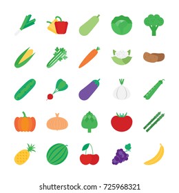 Vector icon set - fruits and vegetables in flat style