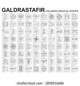 Vector icon set with Galdrastafir Icelandic Magical Staves with their meanings