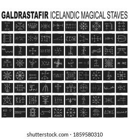 Vector icon set with Galdrastafir Icelandic Magical Staves with their meanings