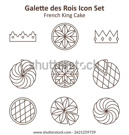 Vector icon set of Galette des Rois, crowns, and cake slices. Perfect for Epiphany, French pastries, holiday traditions, bakery branding, and culinary illustrations.