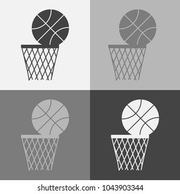 Vector icon set game of basketball. The ball flies into the basket