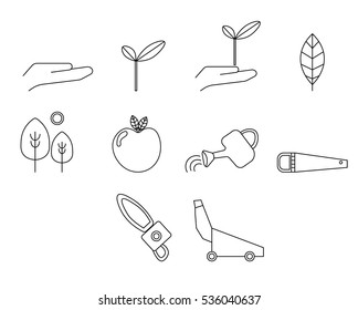 Vector icon set for gardening activities on white background