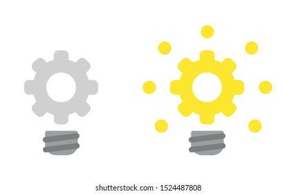 Vector icon set of gear light bulb, grey and glowing. Flat color style. 