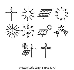 Vector icon set for generation of solar energy on white background