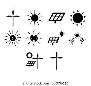 Vector icon set for generation of solar energy on white background
