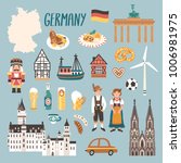 Vector icon set of Germany's symbols. Travel illustration with german landmarks, people, food, beer and symbols.