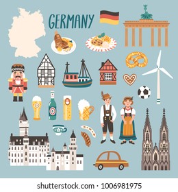 Vector Icon Set Of Germany's Symbols. Travel Illustration With German Landmarks, People, Food, Beer And Symbols.