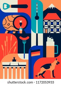 Icono vectorial de los símbolos de Alemania. Ilustración de viaje con monumentos alemanes, comida, cerveza y símbolos.