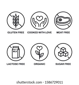 Vector Icon Set: Gluten Free, Sugar Free, Meat Free, Lactose Free, Organic, Cooked with Love