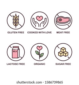 Vector Icon Set: Gluten Free, Sugar Free, Meat Free, Lactose Free, Organic, Cooked with Love