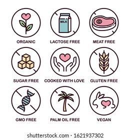 Vector Icon Set: Gluten, Sugar, Meat, Lactose, GMO, Palm Oil Free. Organic, Cooked with Love, Vegan.