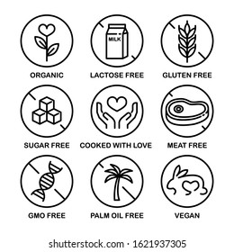 Vector Icon Set: Gluten, Sugar, Meat, Lactose, GMO, Palm Oil Free. Organic, Cooked With Love, Vegan.